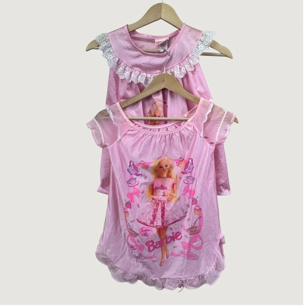 Barbie Vintage 90s Nightgown Girls Size 4/5 Pink Lace Barbiecore Mattel Set of 2